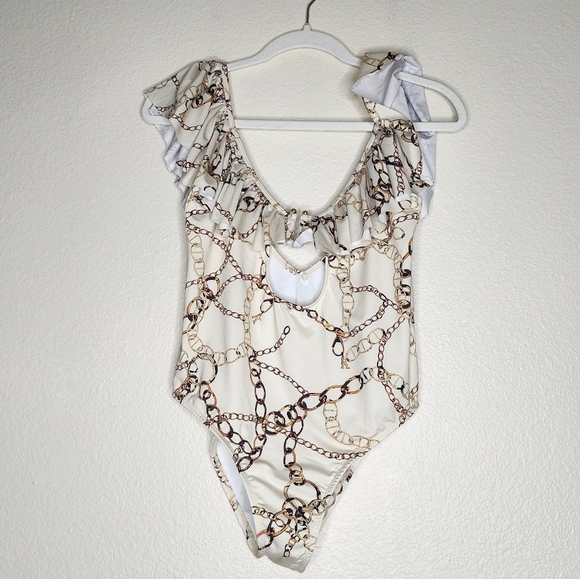 Karen Millen Ruffle Detail Chain Print Swimsuit M NWT - Picture 3 of 7